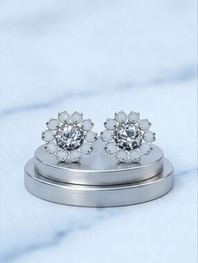 Vintage 90s Swarovski Opal & Crystal Floral Stud Earrings • 925 Silver Overlay